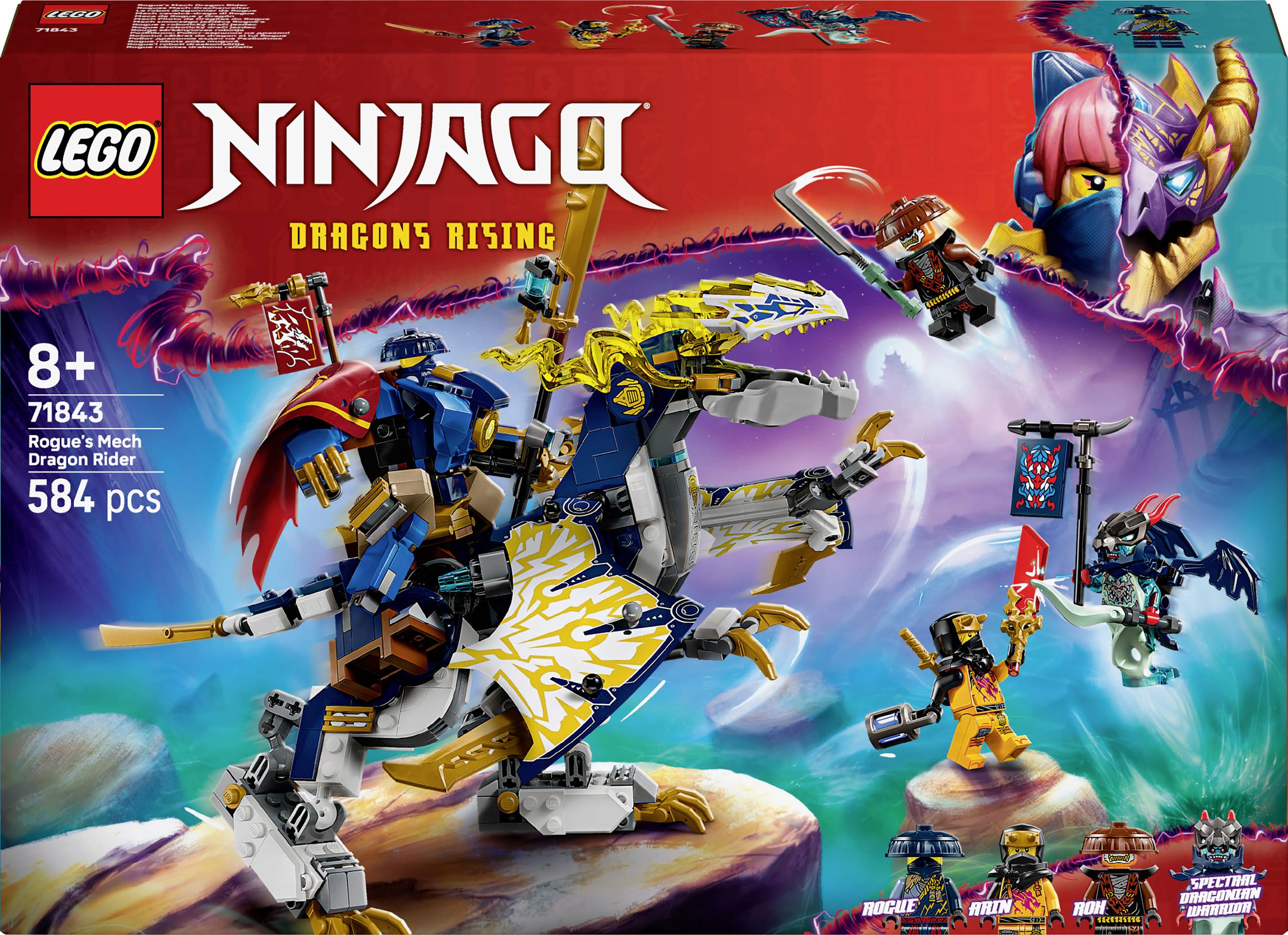 LEGO komplet 'Ninjago: Dragons Rising' prikazuje meh jezdeca na zmaju, štiri figurice, 584 delov, priporočeno od 8. leta starosti.