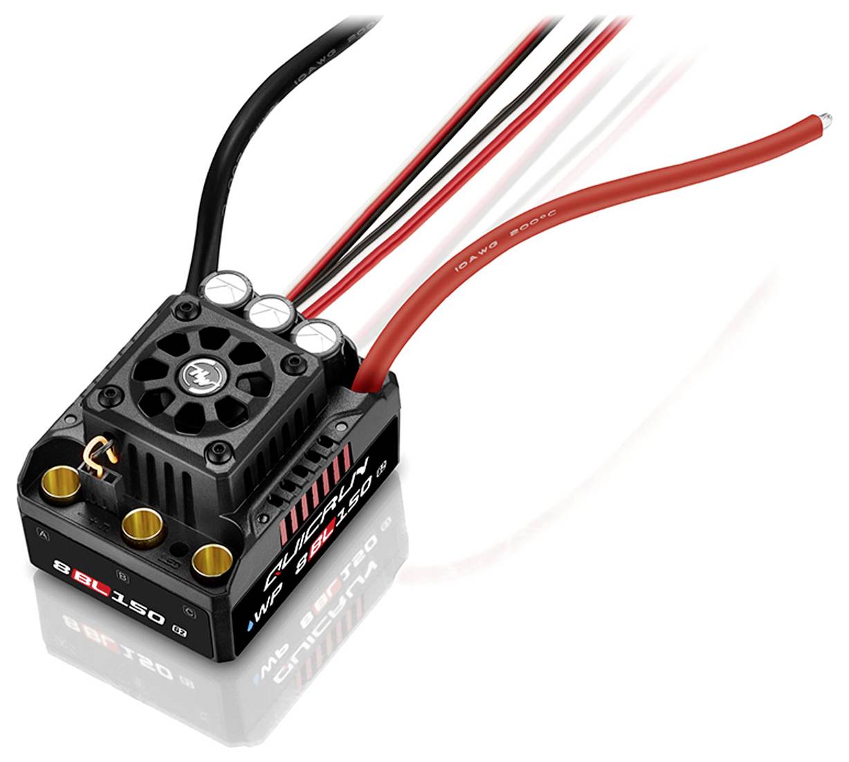 Elektronski regulator hitrosti z ventilatorjem in kabli, uporabljen za nadzor elektro motorjev v modelih sportnih vozil.