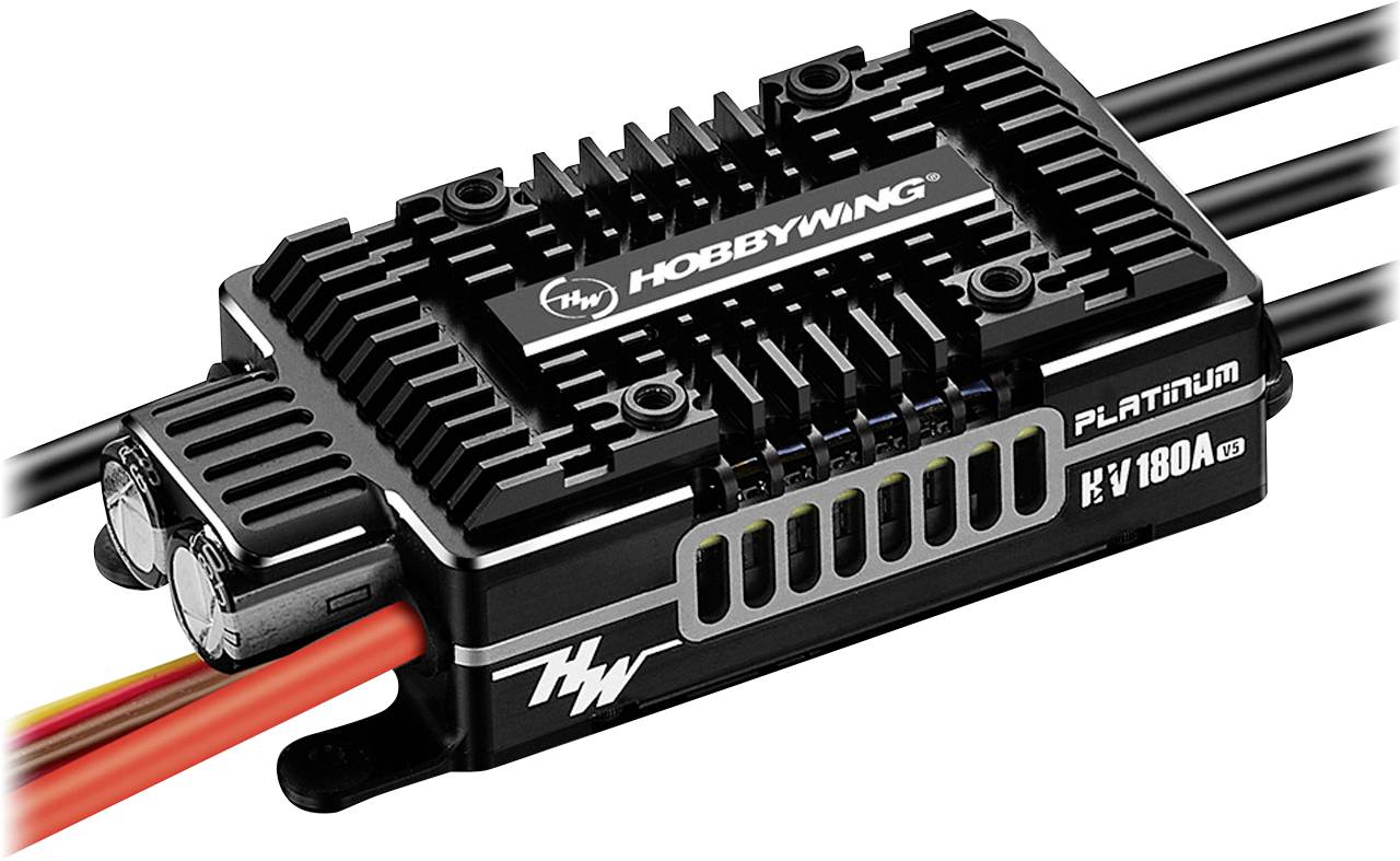 Električni regulator znamke Hobbywing, model Platinum HV 180A. Odlikuje ga robustna zasnova in več priključnih mest.