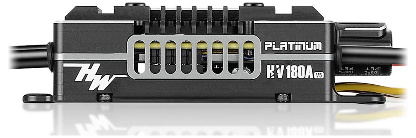 Zmogljiv elektronski regulator z napisom 'Platinum HV 180A'. Izrazit dizajn s hladilnimi rebri in priključki za kable.