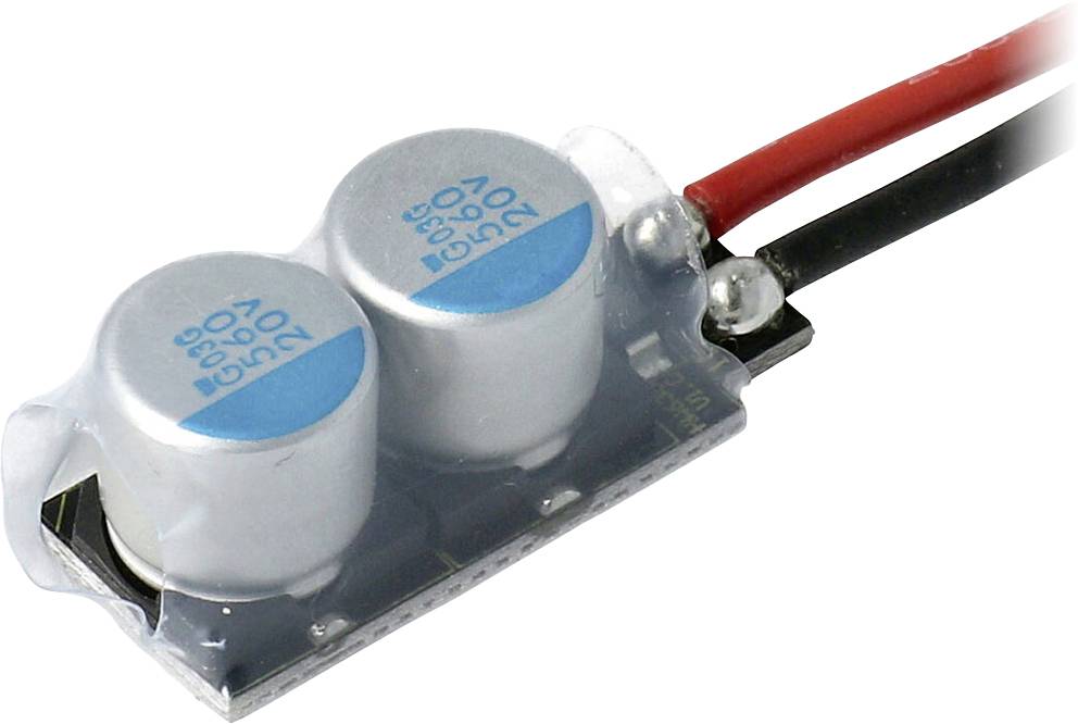 Električni element z dvema srebrnatima cilindroma na mali tiskani plošči, povezan z rdečim in črnim kablom.