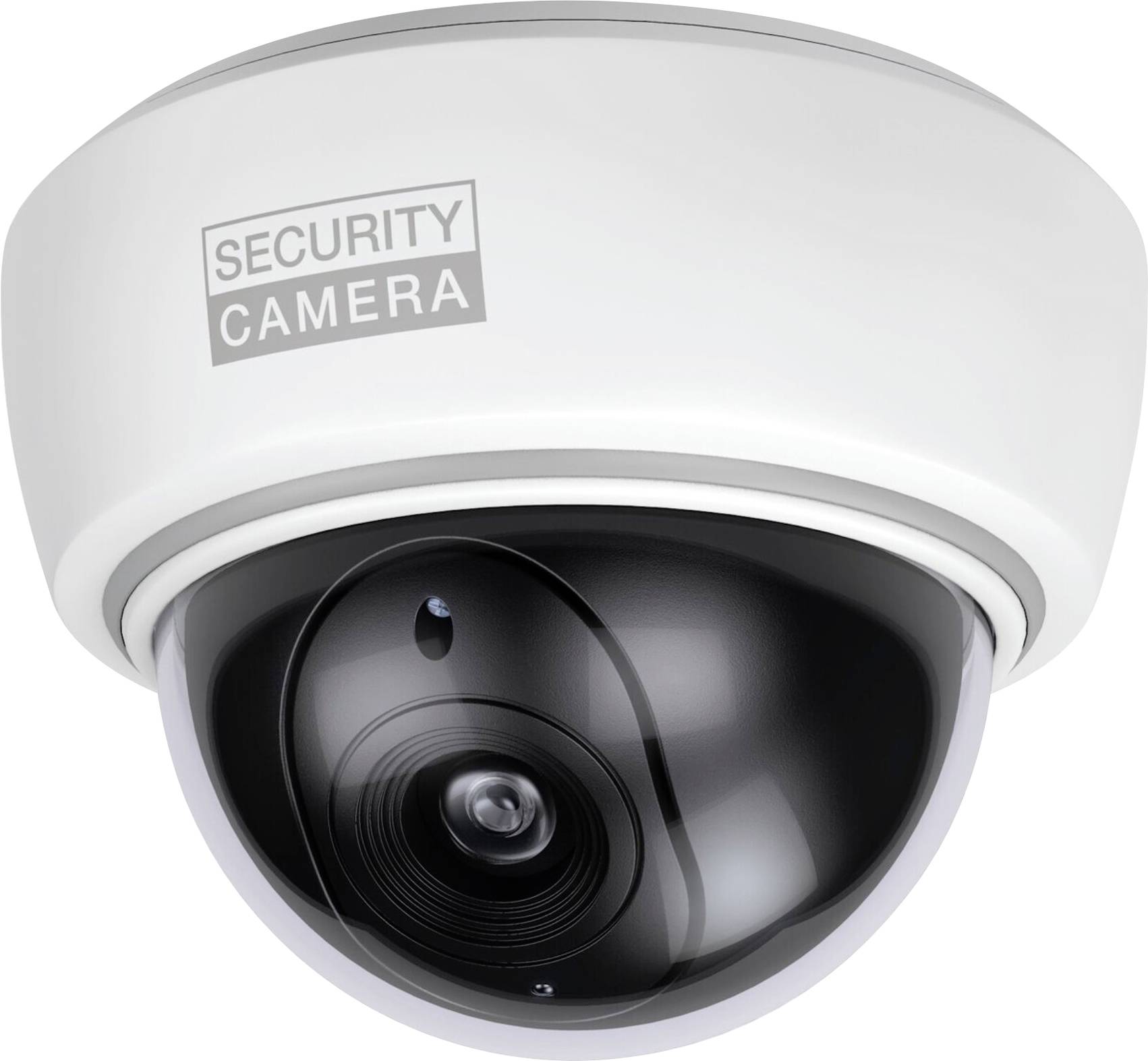 Bela varnostna kamera z napisom 'Security Camera'. Je sferične oblike in opremljena s prozornim zaščitnim ohišjem.