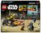 LEGO Star Wars komplet 75414 škatla prikazuje like z lightsaberji in ladjo z ognjenimi nalepkami. Vključuje like na lebdečih deskah in droida.