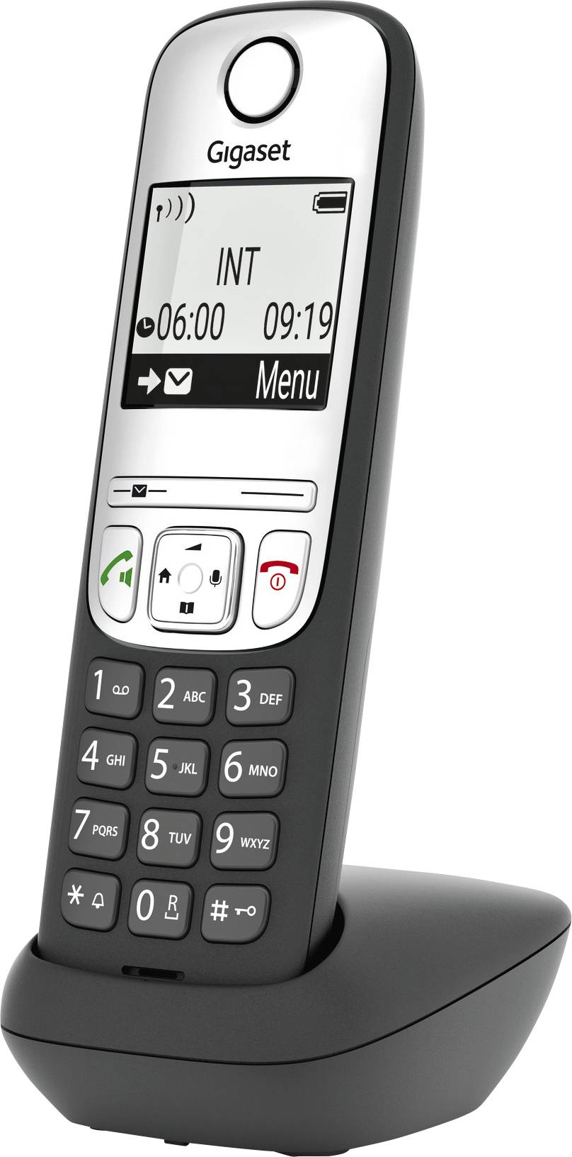 Brezžični telefon z zaslonom prikazuje '06:00', '09:19' in 'INT'. Vidne so možnosti menija. Model je podoben Gigasetu.
