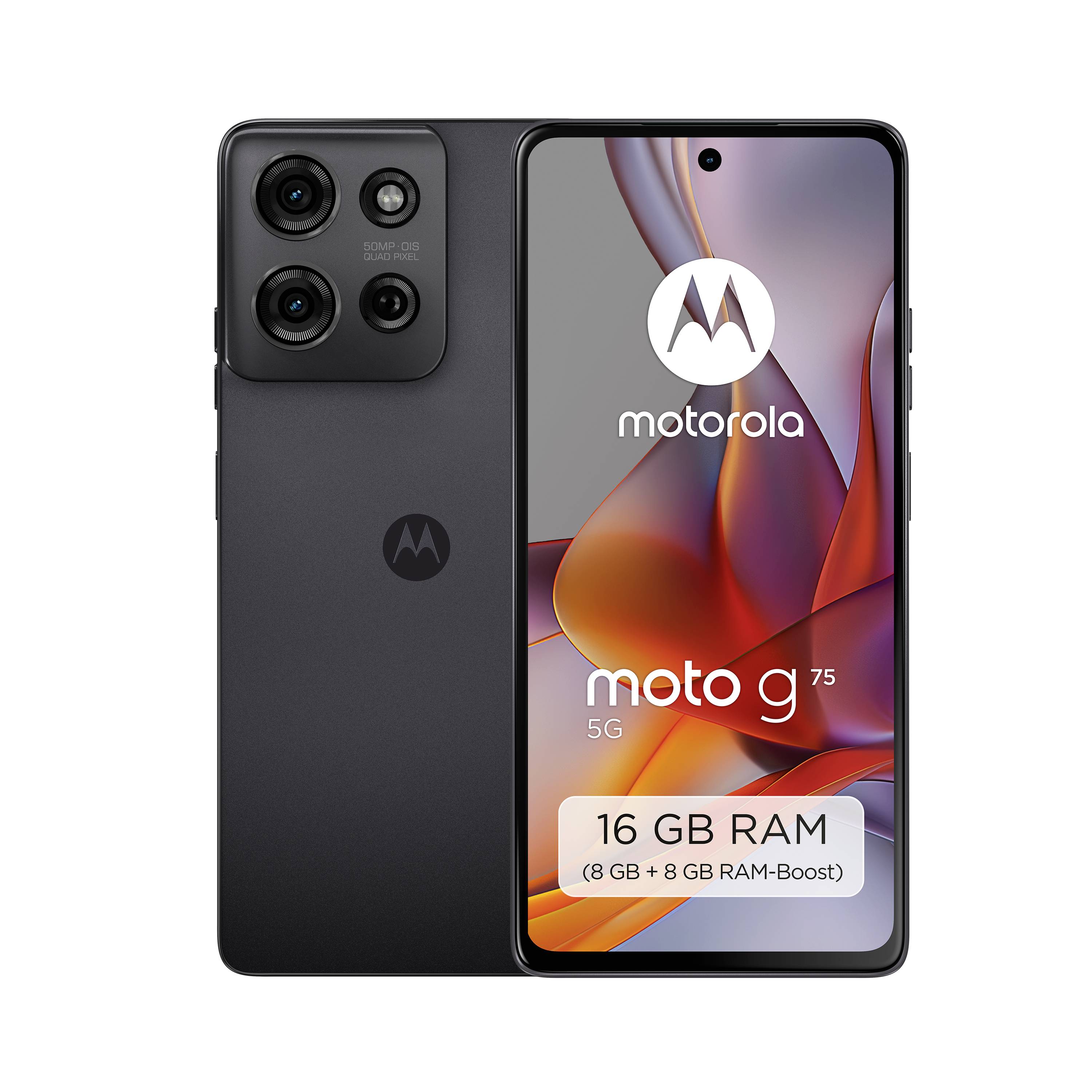 Na sliki je prikazan pametni telefon Motorola Moto G 5G z 16 GB RAM. Telefon ima trodelni fotoaparat. Zaslonnik prikazuje logotip Motorole.