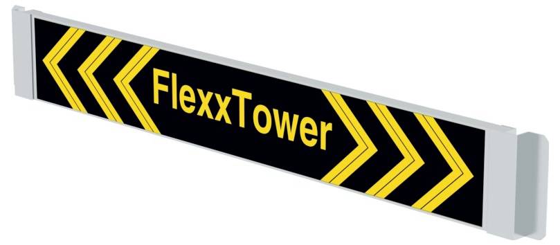 Rumeno tablico z napisom 'FlexxTower', obkroženo z rumenimi puščicami, usmerjenimi v desno, na črnem ozadju.