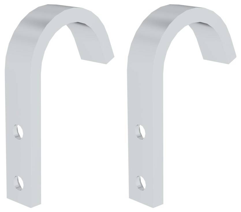 Dva siva, ukrivljena kovinska kljuka, vsak s po dvema luknjama za pritrditev, postavljena drug ob drugega.