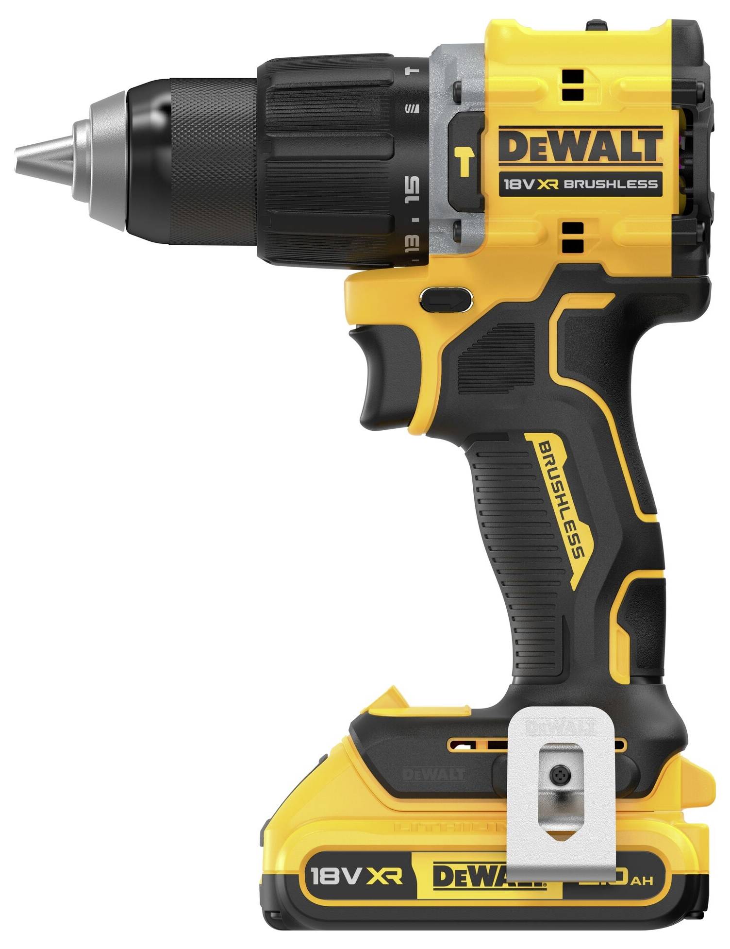 Akumulatorski vrtalnik v rumeni in črni barvi, znamke DeWalt, model 18V XR Brushless. Levo svedra, desno ročaj z akumulatorjem spodaj.