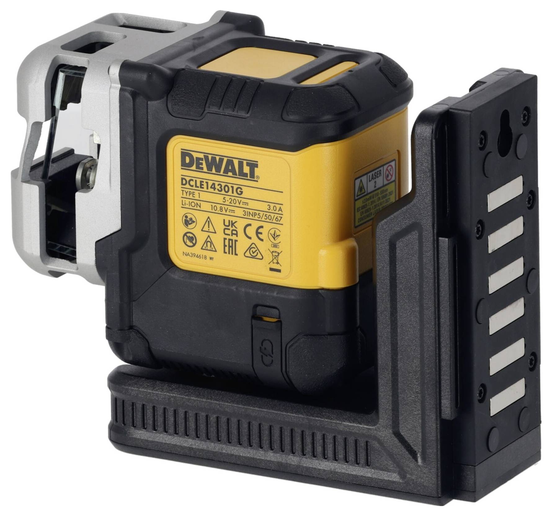 Črno-rumena prenosna laserska nivelirna naprava na stojalu. Na strani so vidni blagovni znamki in varnostni simboli.