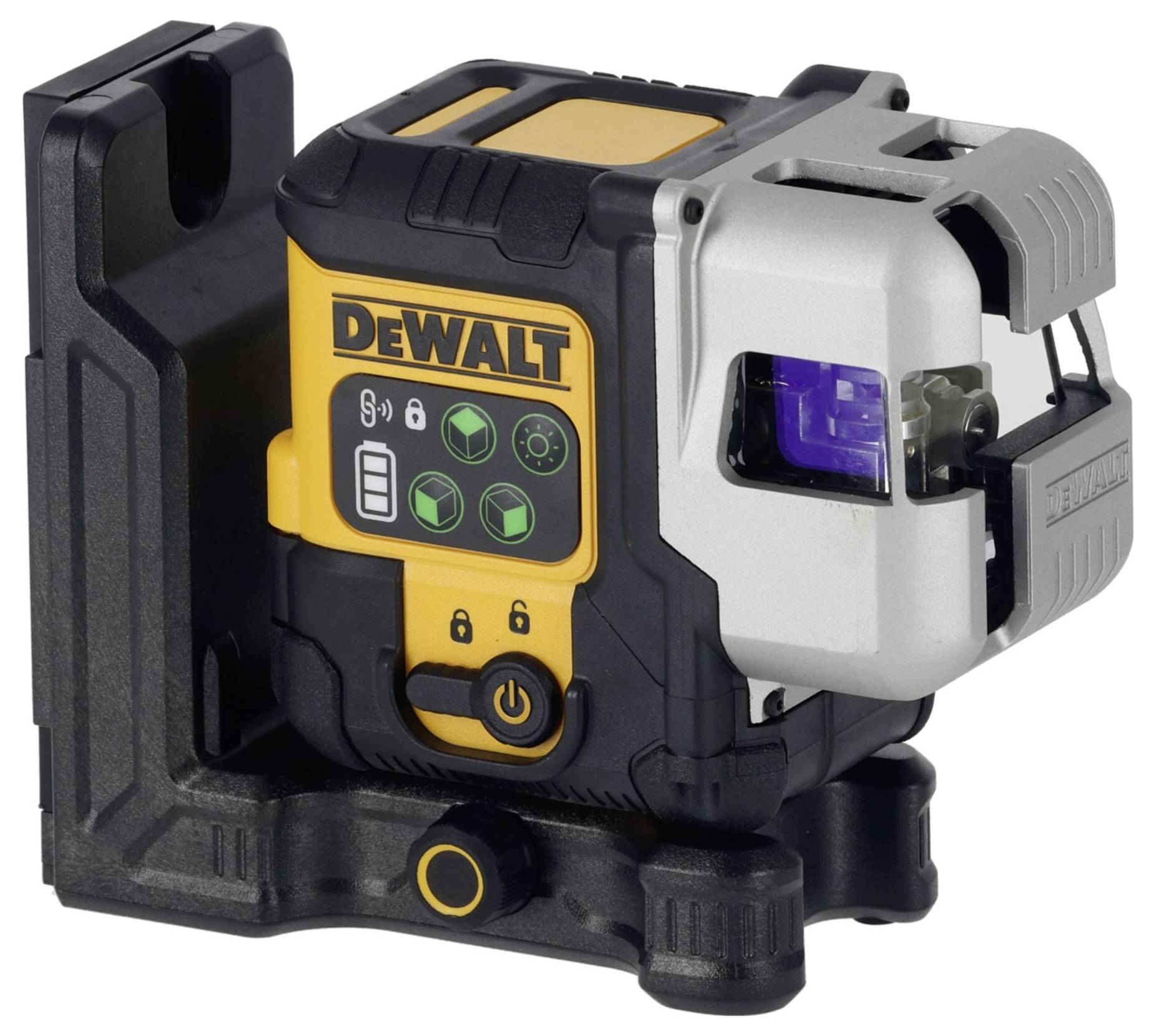 Križni linijski laser DeWalt, prikazuje kontrolno ploščo z različnimi nastavitvami za natančno merjenje, nameščen na nosilcu.