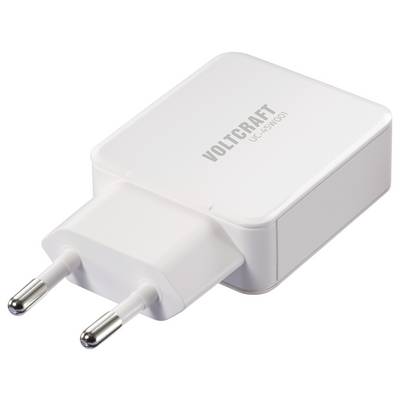 Prikazan je bel Voltcraft UC-SW001 USB stenski polnilec z dvema okroglima zašiljenkoma, primeren za polnjenje elektronskih naprav.