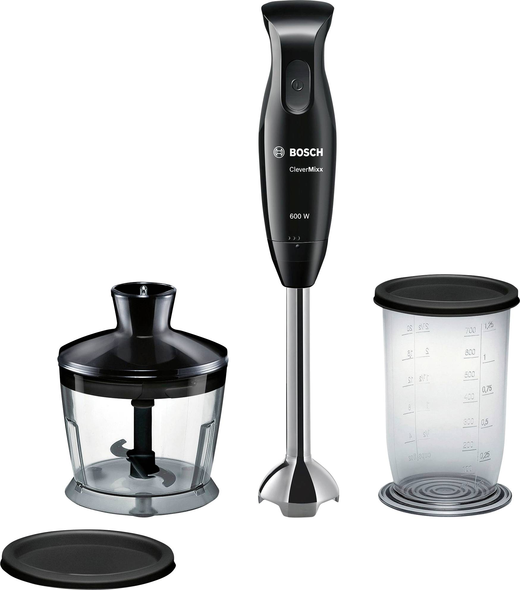 Set ročnega mešalnika s črnim mešalnikom, mešalno posodo in sekalnikom, označen 'Bosch CleverMixx, 600 W'. Idealen za mešanje in sekljanje.