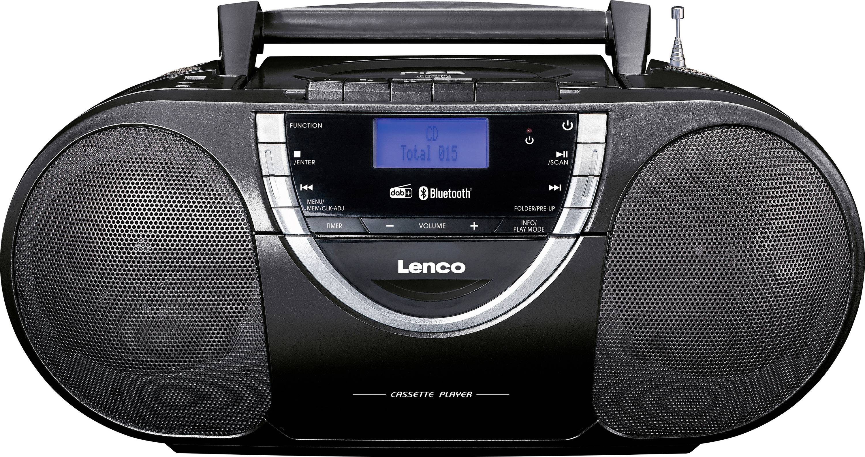 Črn prenosni radiorekorder z Bluetooth funkcijo, dvema zvočnikoma, CD predvajalnikom in digitalnim zaslonom. Označen z 'Lenco'.