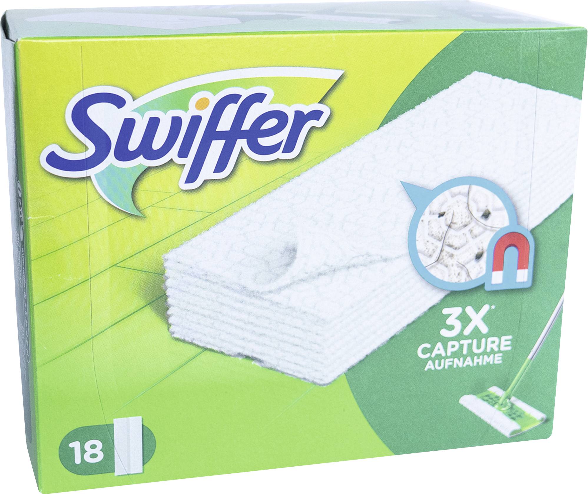 Swiffer embalaža z brisalnimi prti na zeleni podlagi, '3X Capture' označuje povečano zmogljivost čiščenja; slika mopa.
