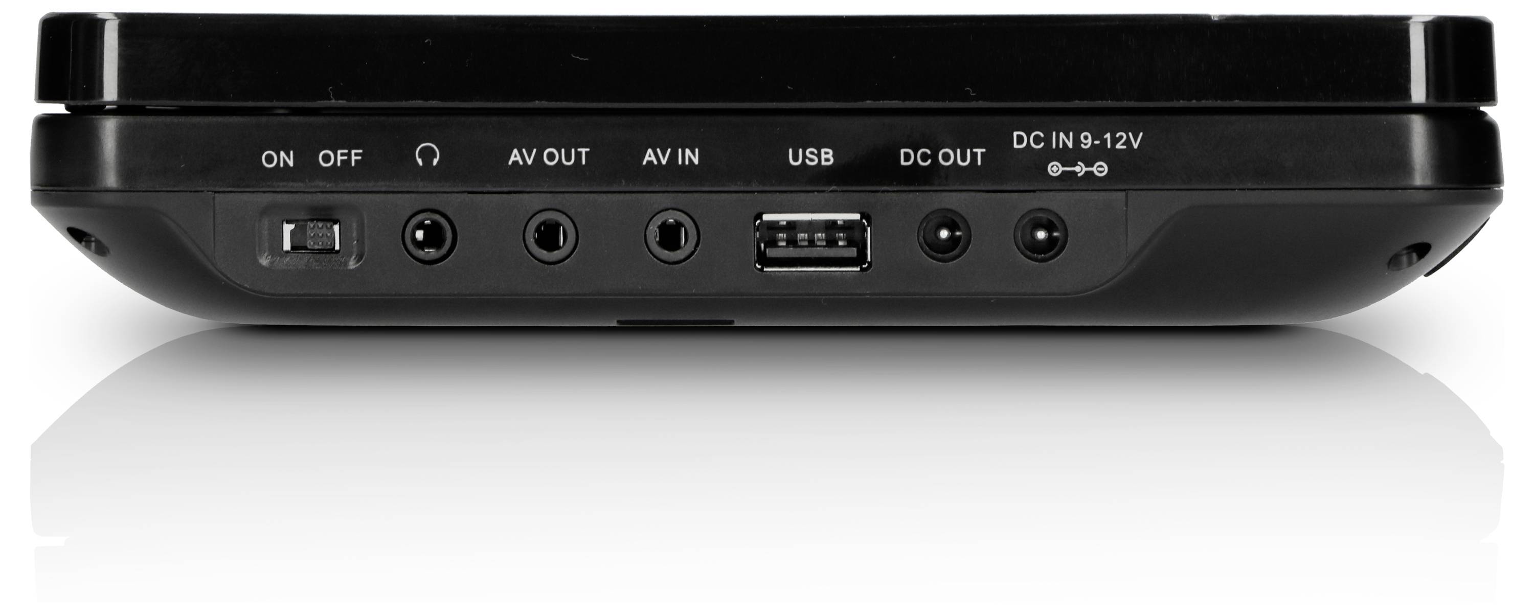 Črna elektronska naprava spodaj z več priključki: stikalo za vklop/izklop, AV OUT, AV IN, USB, DC OUT, DC IN (9-12V).