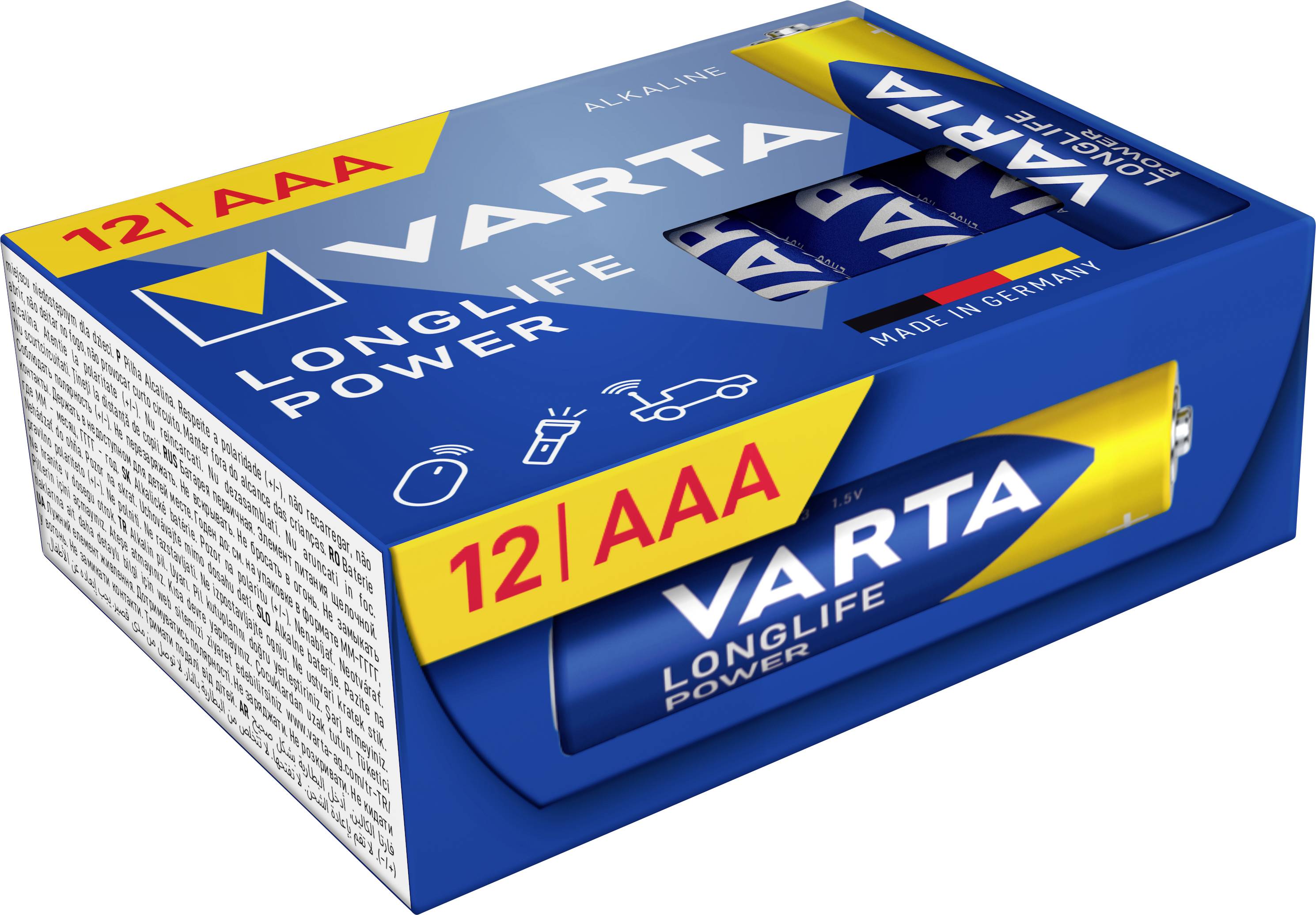 'VARTA Longlife Power' AAA baterije, paket 12 kosov. Embalaža prikazuje uporabe: igrače, žepna svetilka, daljinski upravljalnik.