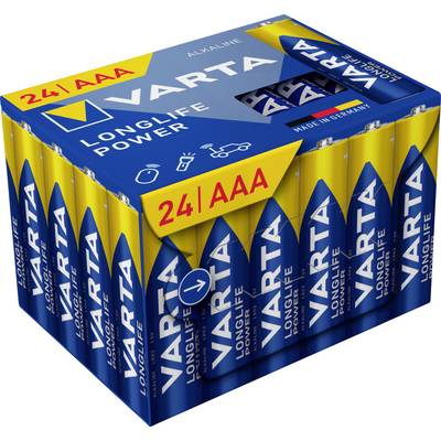 Baterije VARTA Longlife Power AA, 24-delno pakiranje. Embalaža prikazuje simbole naprav in poudarja dolgotrajno zmogljivost.