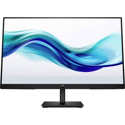 Sodoben računalniški monitor z vitkim dizajnom prikazuje abstrakten moder valovit vzorec na beli podlagi.