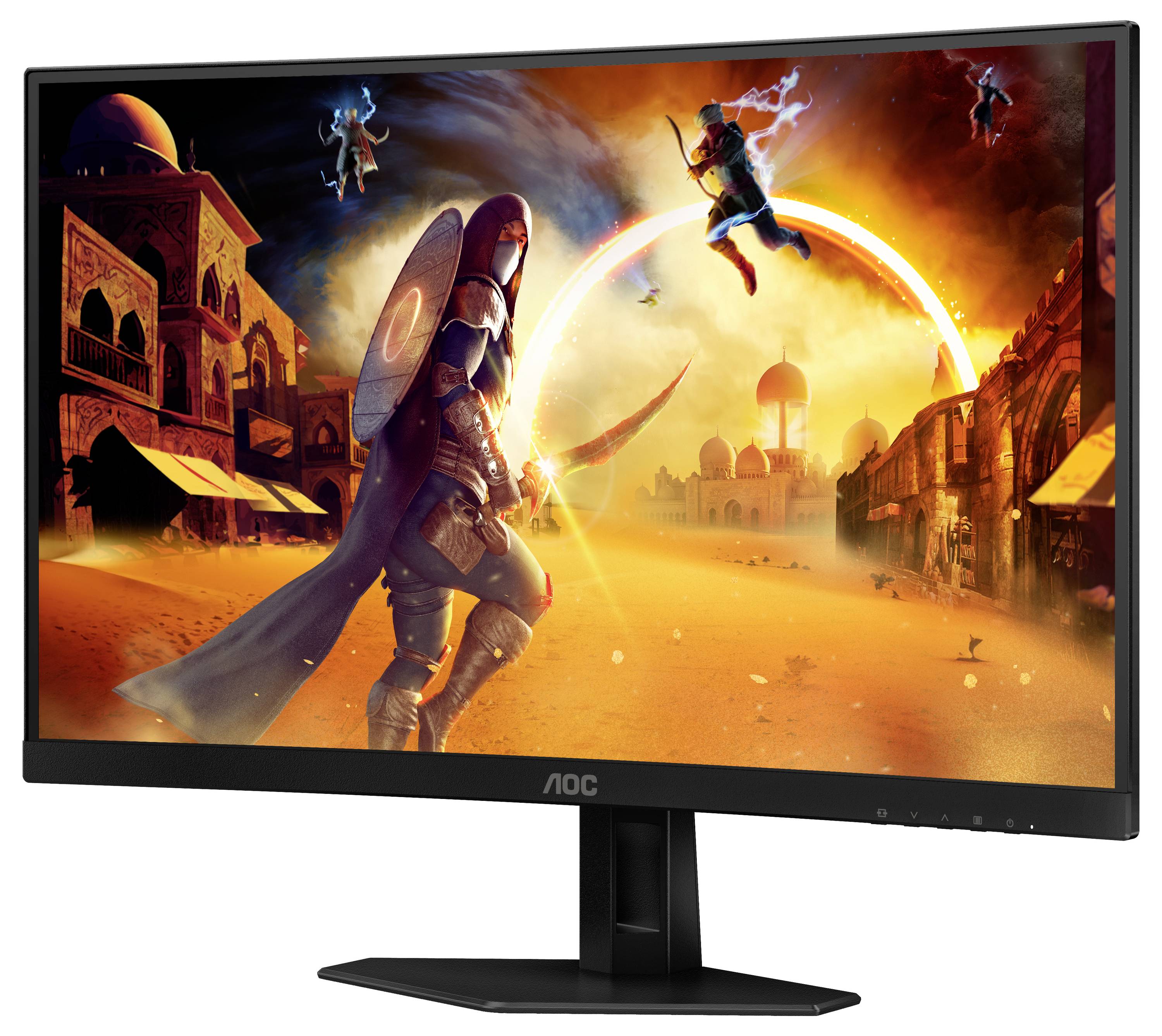 Gaming monitor prikazuje dinamično sceno iz videoigre z bojevnikom in magičnimi elementi v puščavskem mestu.
