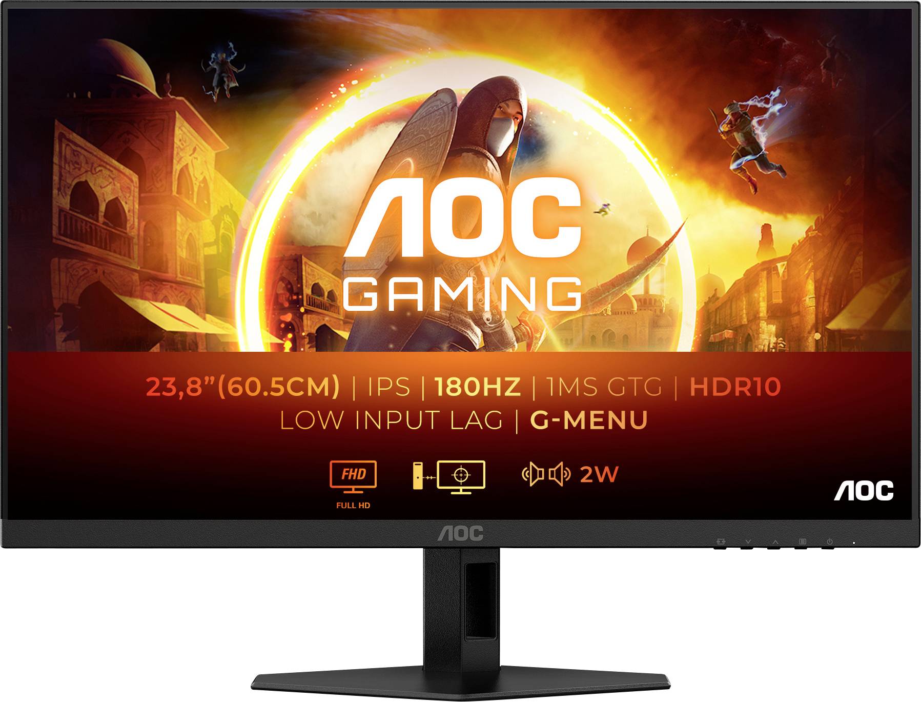 Igralni monitor AOC z zaslonom 60,5 cm (23,8"), 180 Hz IPS, 1 ms GTG, HDR10. Poudarjene so funkcije, kot so nizka zakasnitev vnosa in 2-watni zvočniki.