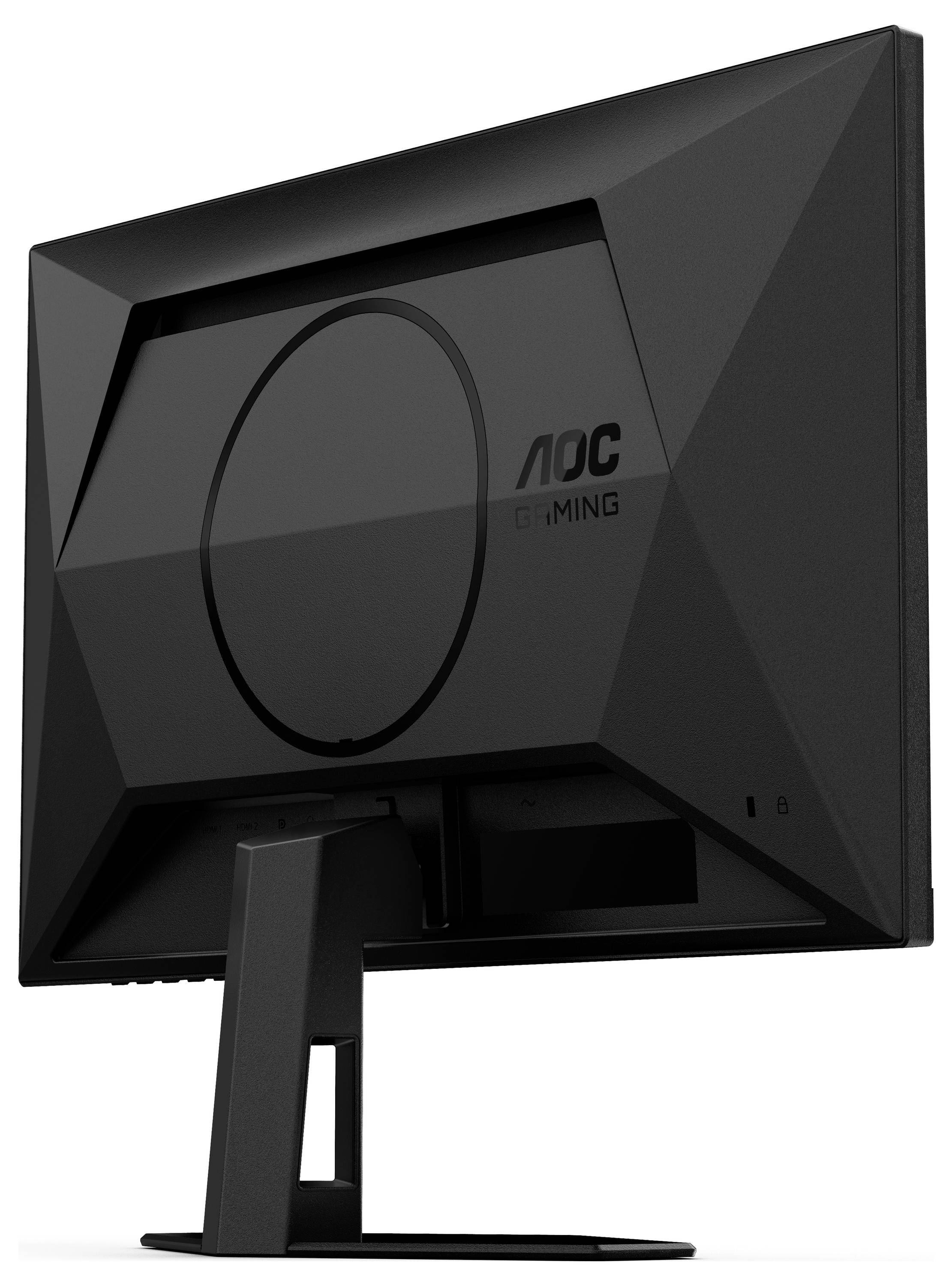 Črn gaming monitor znamke AOC, pogled od zadaj z geometrijskim dizajnom in stabilno podlago.