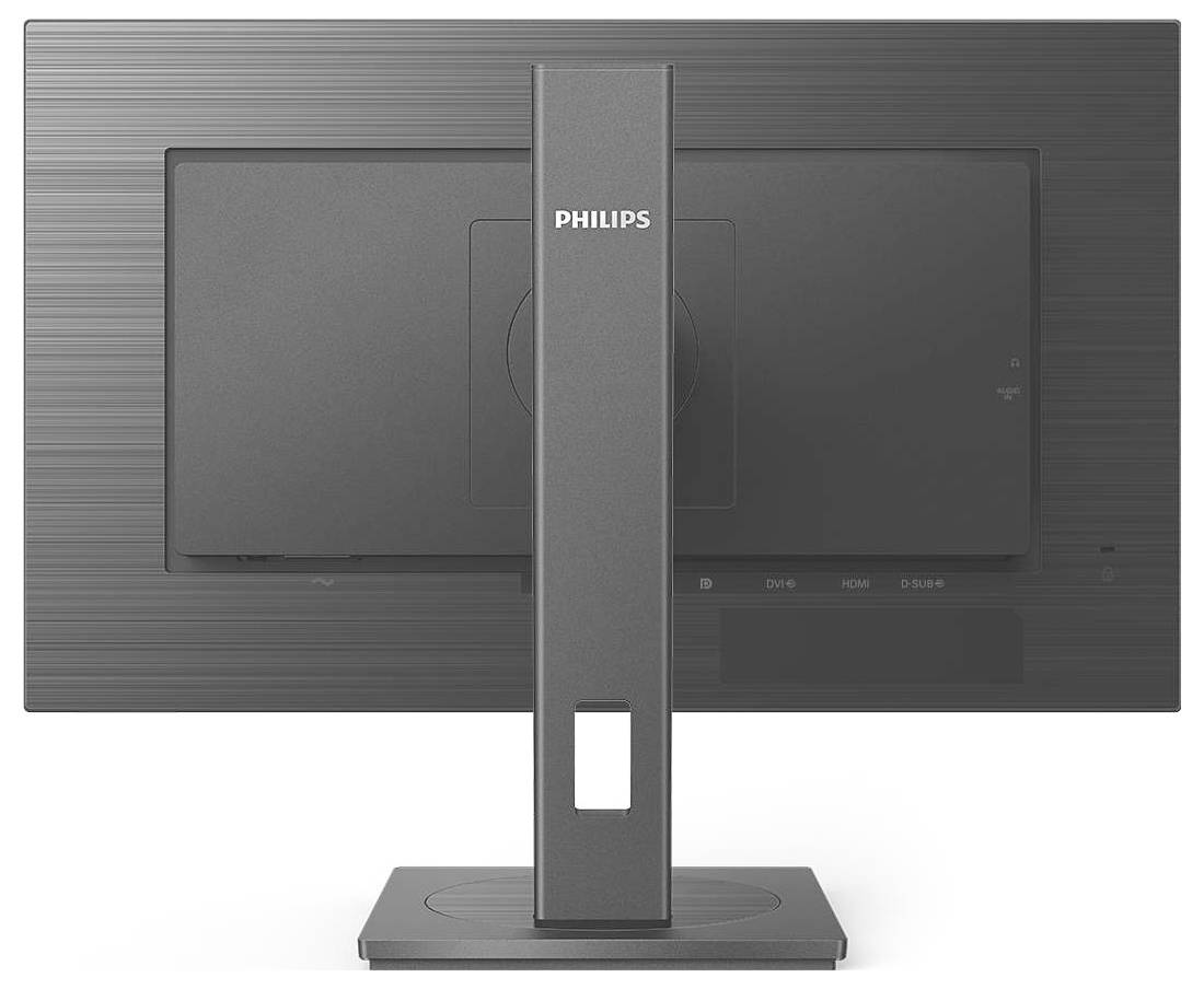 Zadnja stran Philipsovega računalniškega monitorja z pravokotno osnovo. Dizajn deluje preprost in sodoben.