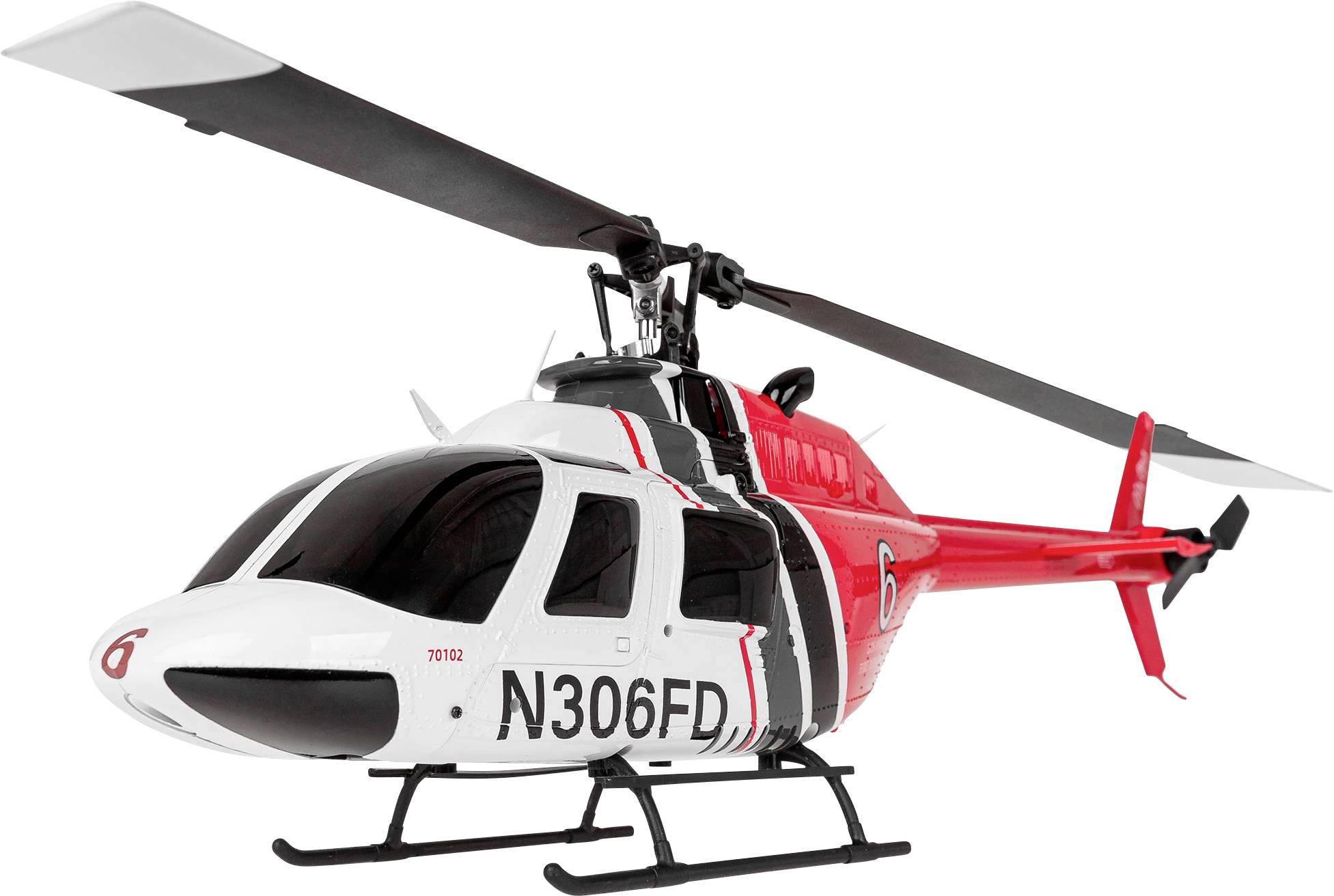Model helikopterja v beli in rdeči barvi z napisom 'N306FD' na strani in številko 6 na nos, na svetlem ozadju.