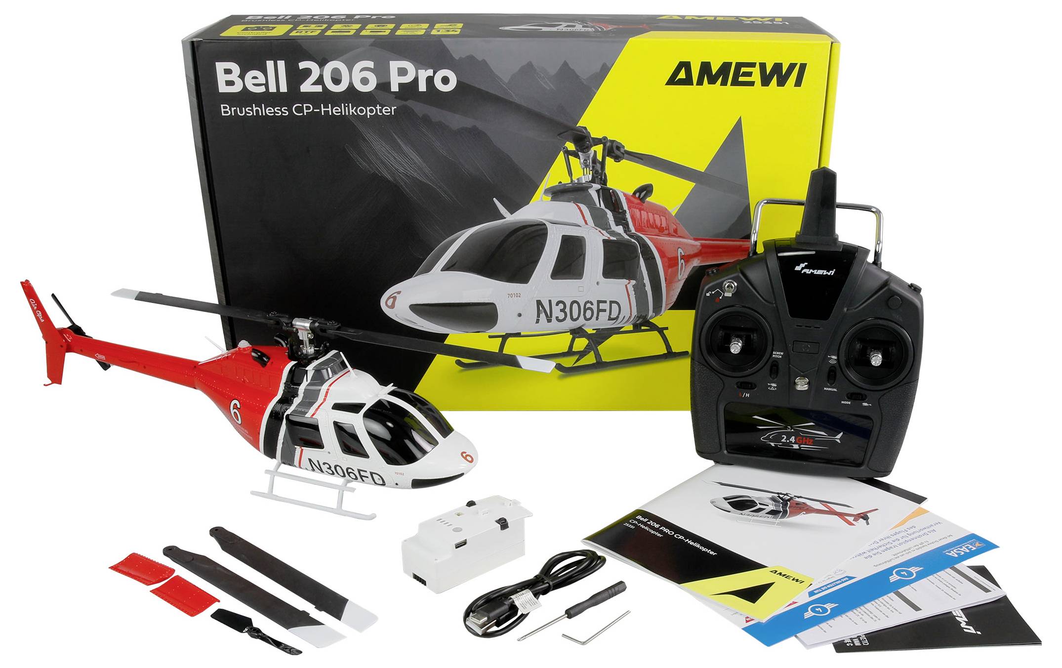 Igrača helikopter na daljinsko upravljanje z baterijskim polnilcem, nadomestnimi deli in navodili pred škatlo, ki prikazuje model.