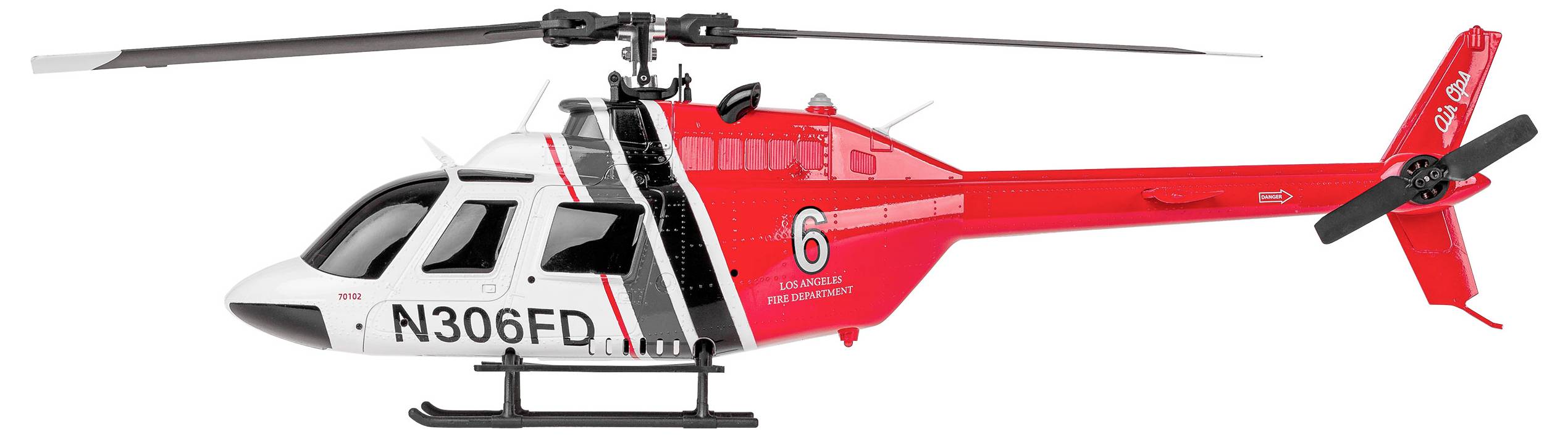 Modelni helikopter z rdečim repom in črno-belim trupom, označen z 'N306FD' in številko 6, je viden s stranskega pogleda.