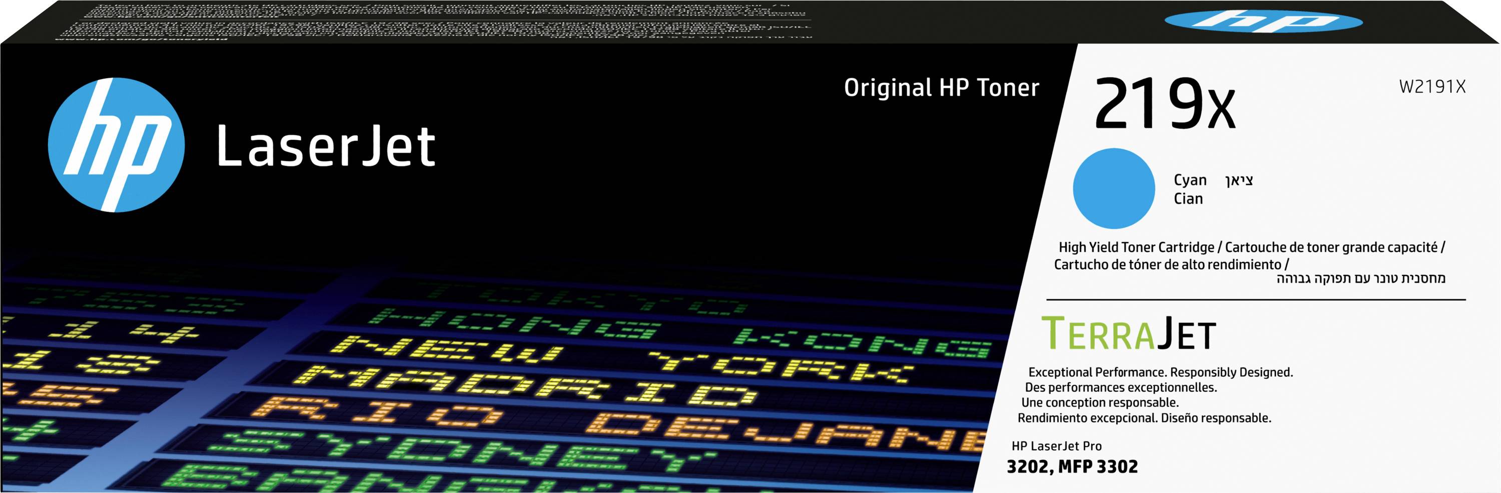 Tonerska kartuša 'HP LaserJet 219X' z embalažo, ki vključuje tehnologijo TerraJet s cianskim črnilom. Združljiva s tiskalniki HP MFP 3202, 3302.