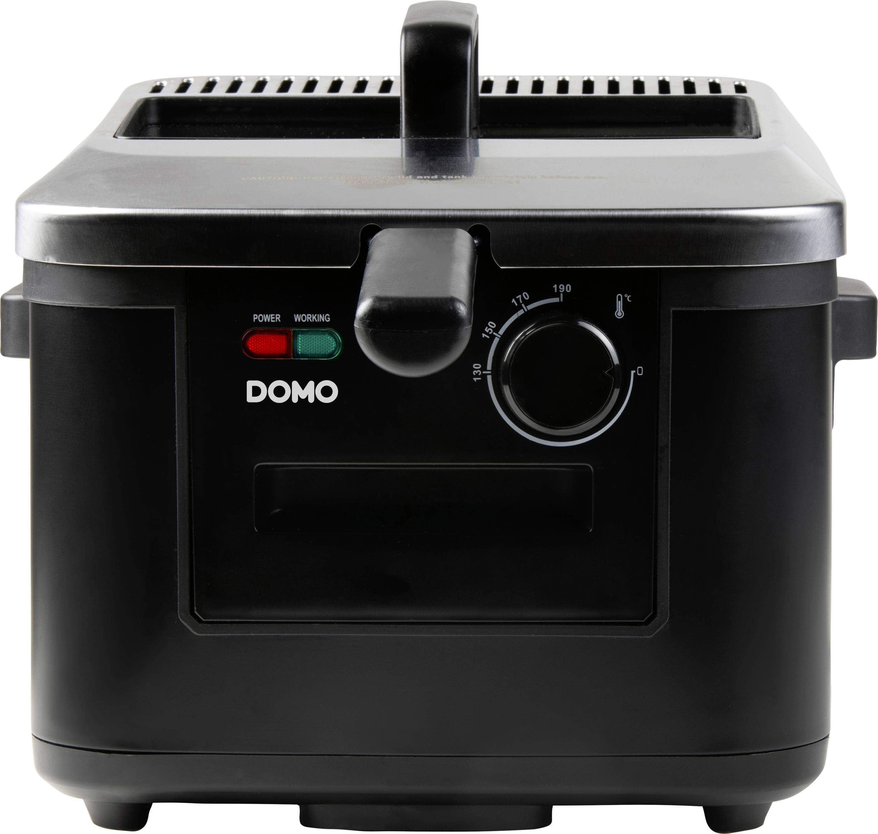 Črn cvrtnik znamke 'DOMO' z regulatorjem temperature in dvema kontrolnima lučkama.