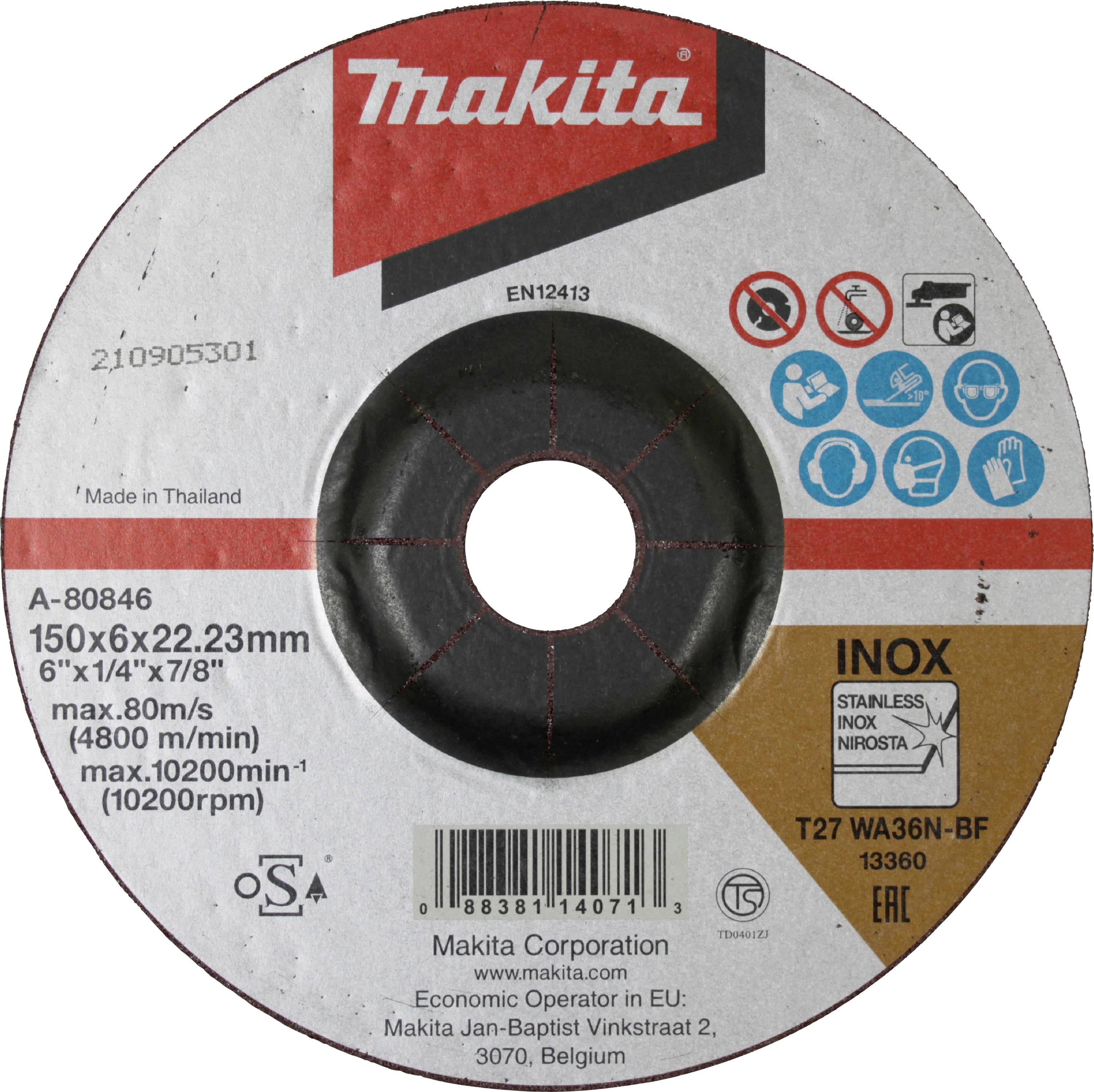 'Makita' brusilna plošča iz Tajske 150x6x22,23 mm, maksimalno 80 m/s, 10.200 obratov/min. Za kovine, z oznako nerjavečega jekla, model T27 WA36N-BF.