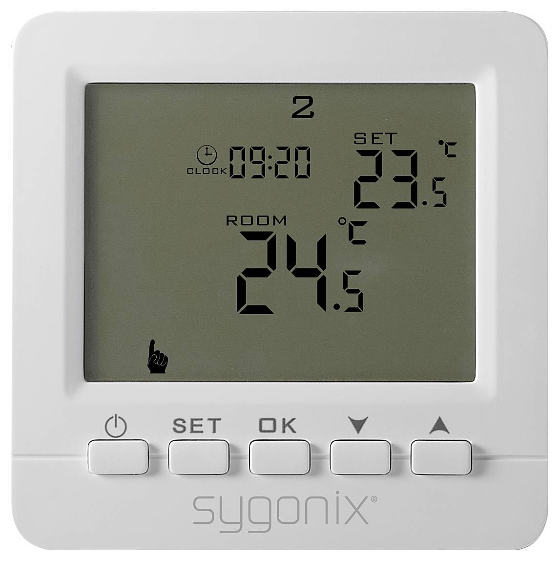 Digitalni termostat prikazuje trenutno sobno temperaturo 24,5 °C, nastavljeno temperaturo 23 °C in trenutni čas 09:20.