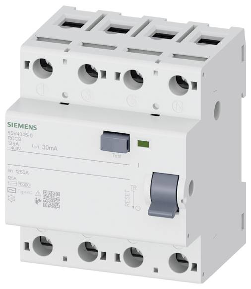 Siemensov FI-zaščitni odklopnik 25A, 30mA, 400V prikazuje štiripolarno vezavo z gumboma za preizkus in ponastavitev.