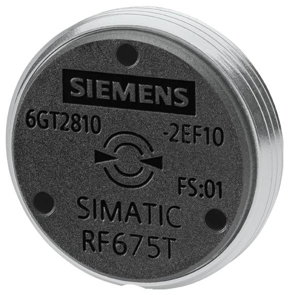 Okrogel RFID-transponder podjetja Siemens z napisom 'SIMATIC RF675T', serijsko številko '6GT2810-2EF10', zadaj siva kovinska ohišje.