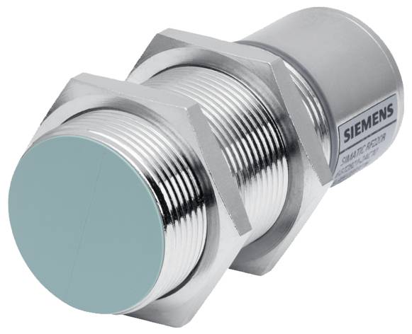 Cilindrični približevalni senzor Siemens s kovinskim ohišjem in modrim koncem senzorja. Oznaka modela: SIMATIC PXS320.
