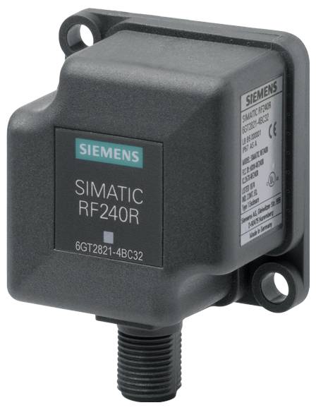 RFID-bralnik znamke Siemens z modelno oznako 'SIMATIC RF240R', nameščen v robusten, pravokoten ohišju.