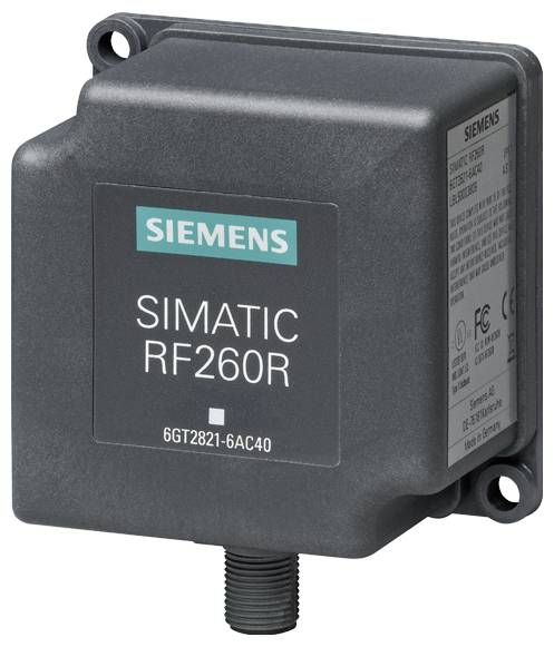 Siemensov SIMATIC RF260R RFID čitalnik z črnim ohišjem in blagovno znamko, primeren za industrijske aplikacije.