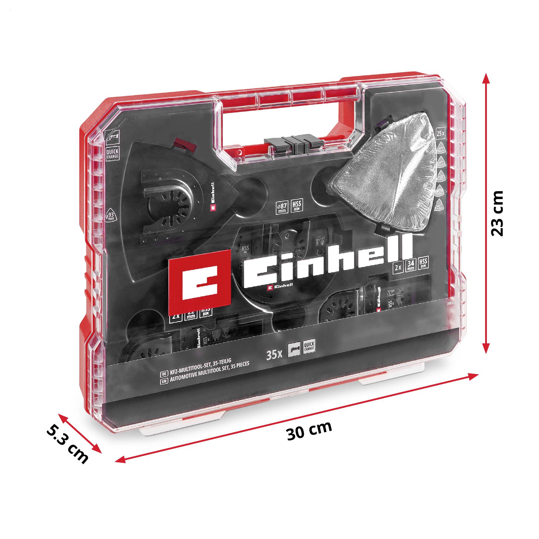 Rdeč komplet iz plastike z logotipom 'Einhell', vsebuje 35 delov za večnamenske orodje. Prikazan z dimenzijami: 30x23x5,3 cm.