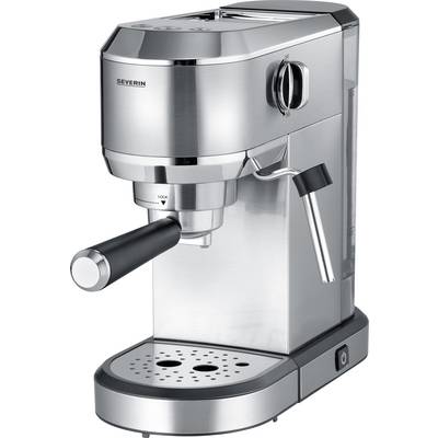 Kompaktni srebrni espresso aparat z stransko parno šobo, črnim ročajem in kapljično posodo. Idealen za pripravo kave doma.