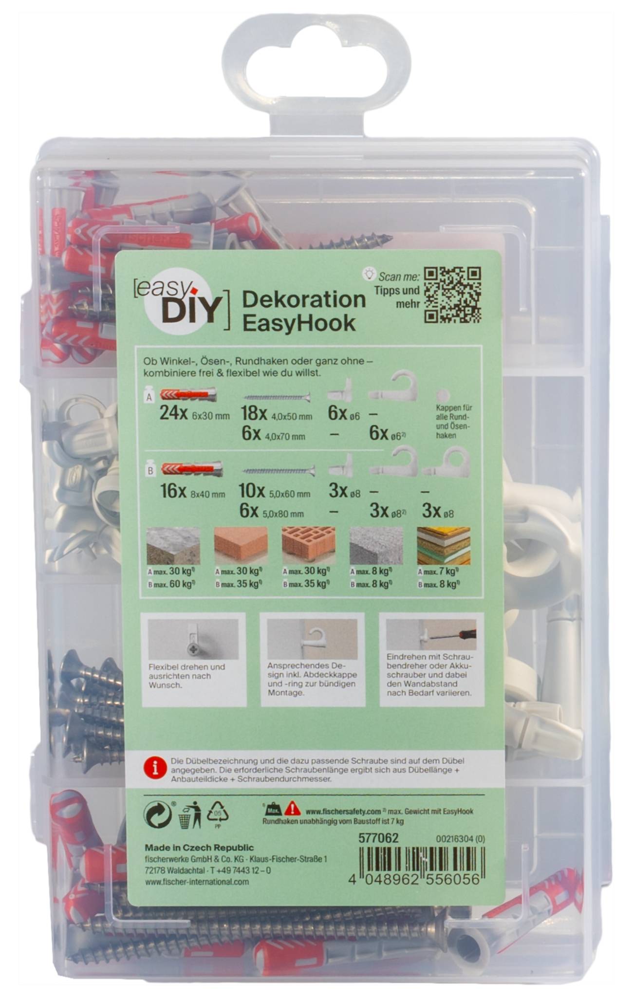 Komplet preprostih DIY stenskih kavljev 'Dekoration EasyHook' iz prozorne plastike s sorniki, kavlji in stenčnimi vložki v označenih predelih.