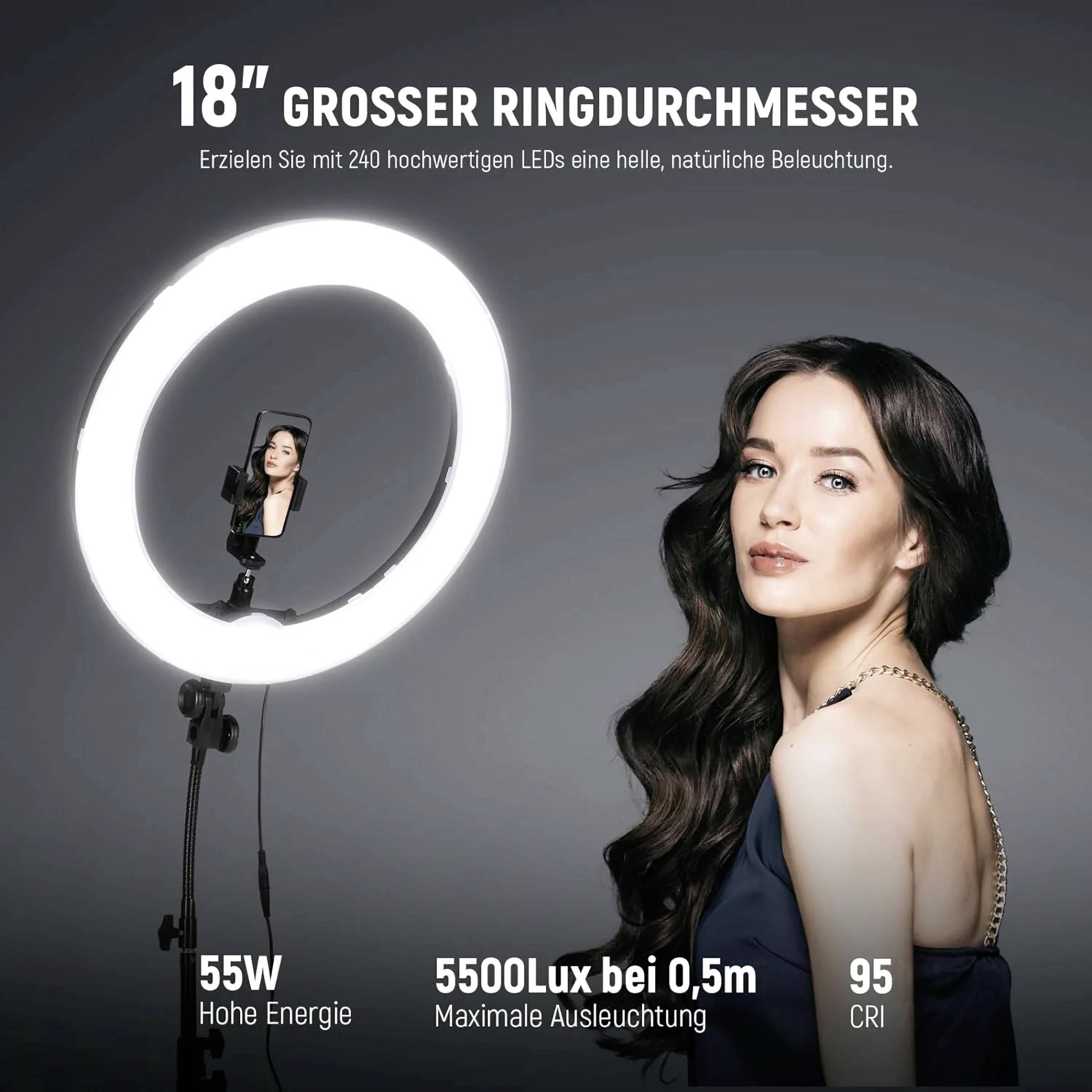 Ženska z dolgimi rjavimi lasmi pozira ob velikem obročastem svetilu, ki zagotavlja naravno osvetlitev. Podrobnosti: premer 18", 240 LED-diod, 5500 luksov.
