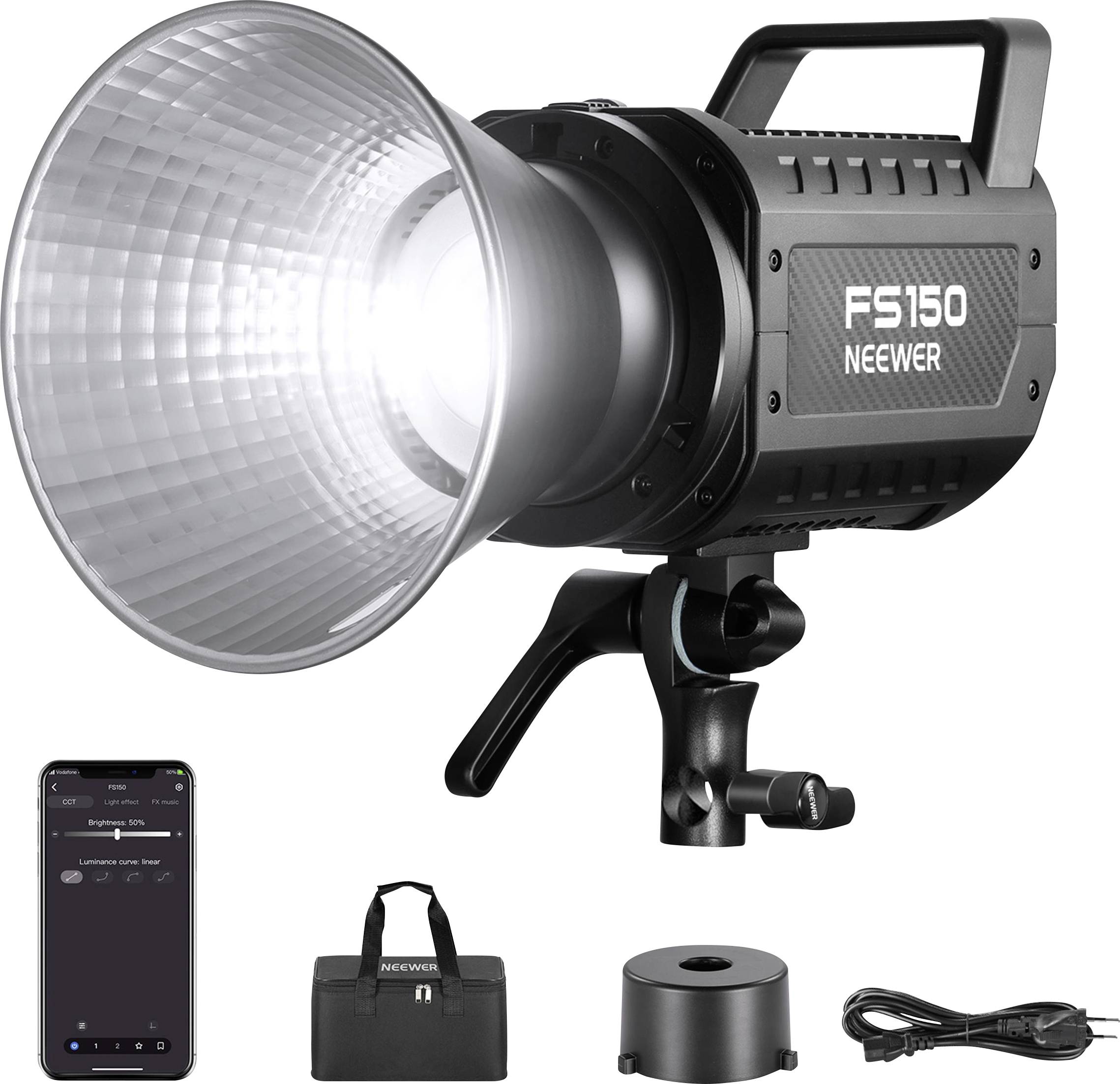 FS150 LED videosvetilo podjetja Neewer z ustrezno opremo: stativni adapter, transportna torba, pametni telefon z odprtim aplikacijskim vmesnikom za upravljanje.