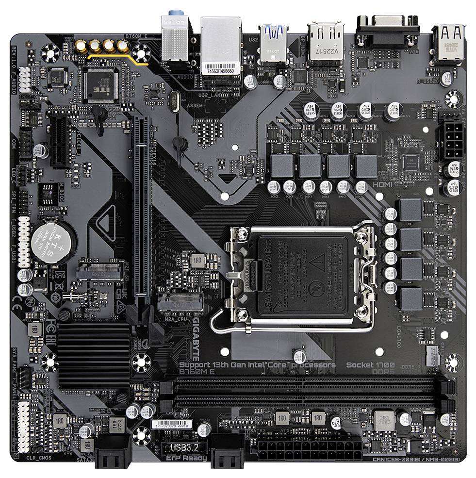 Črna matična plošča z več režami in priključki, primerna za procesorje Intel 9. generacije, z HDMI-priključkom.