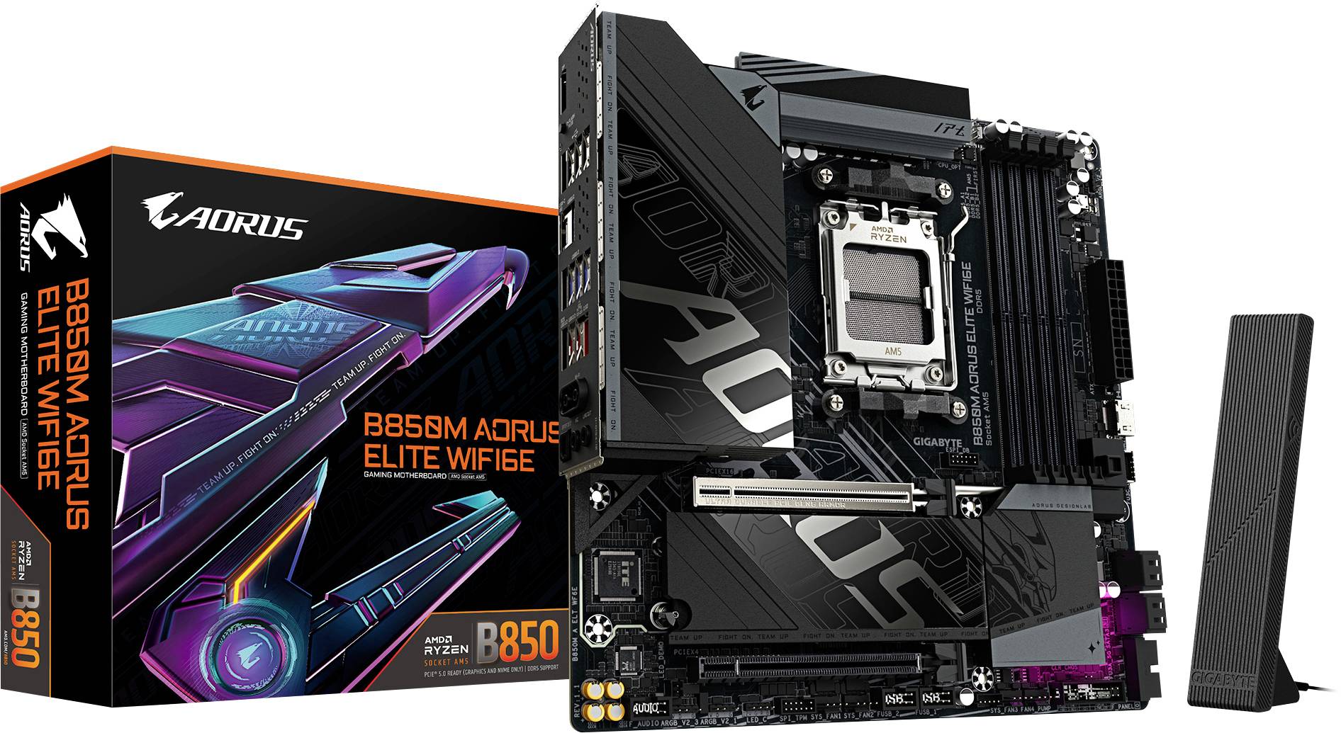 Matična plošča in embalaža znamke Aorus, model B650M Elite WiFi 6, črna s srebrnimi poudarki, primerna za procesorje AMD Ryzen.