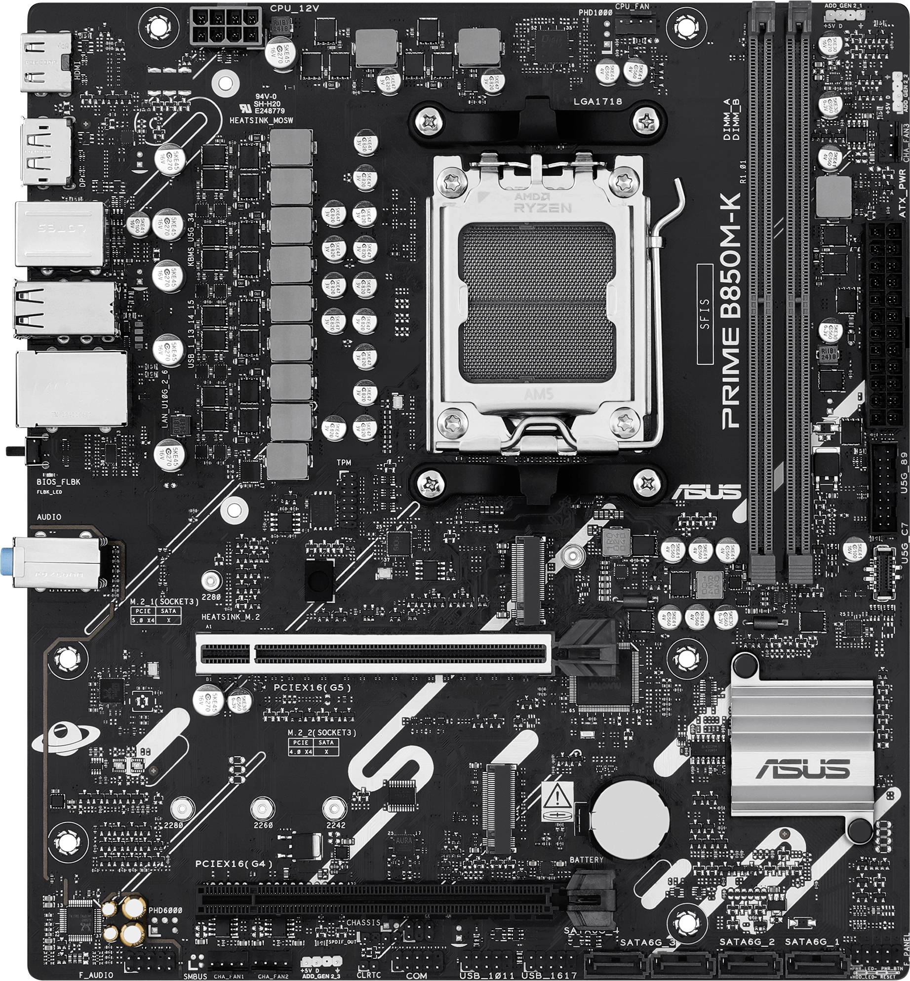 'ASUS Prime B550M-K Matična plošča', prikazuje več priključkov in rež za procesor, RAM in periferne naprave, primerna za procesorje AMD Ryzen.