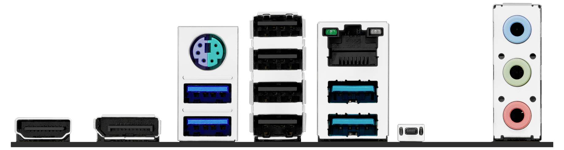 Priključki na matični plošči: HDMI, DisplayPort, USB-vrata, LAN-priključek, avdio priključki v več barvah.
