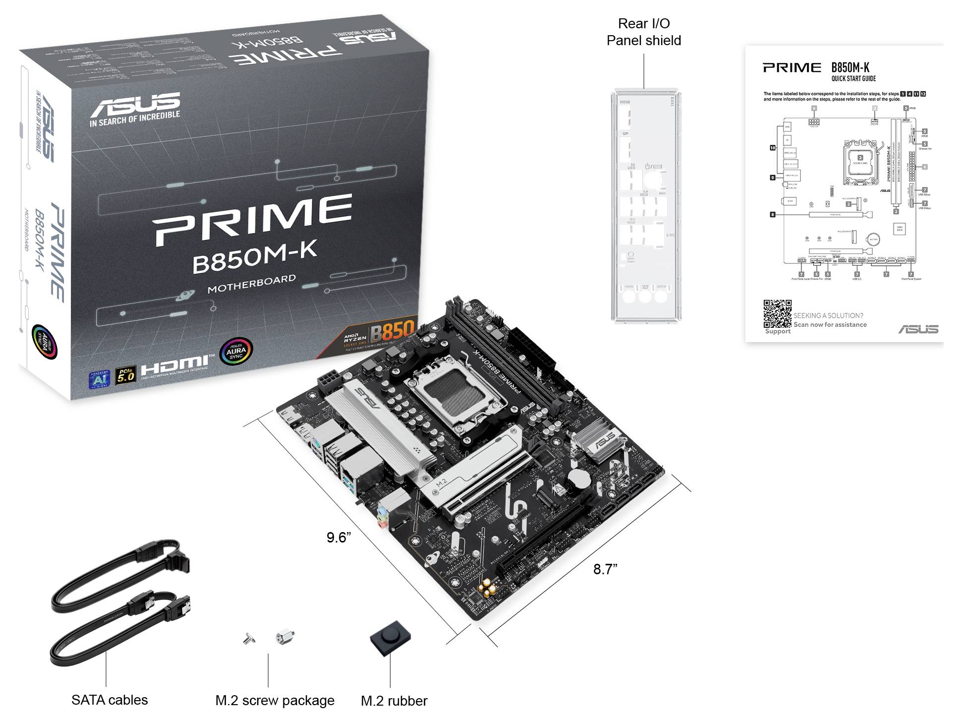 ASUS matična plošča z modelom Prime B850M-K, zadnjo ploščo, SATA kabli, vijaki za M.2 in kompletom gumijastih podložk. Vključuje podrobna navodila za namestitev.