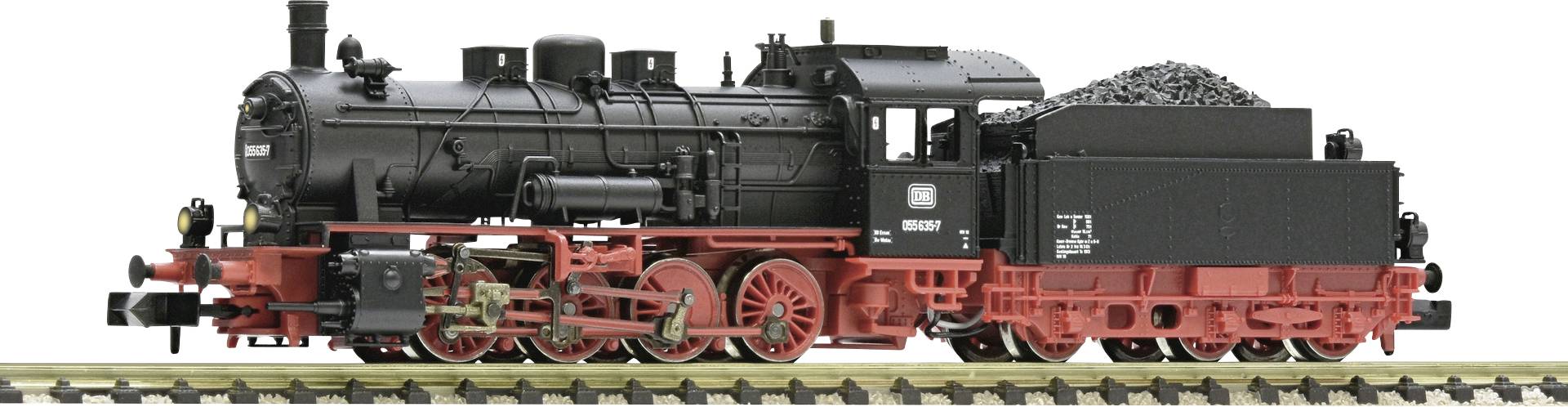 Podroben model črne parne lokomotive z rdečimi kolesi in premogenim tendejem na tirnici.