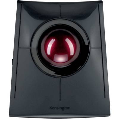Črn trackball z rdečo kroglo na sredini; ergonomska računalniška vhodna naprava z napisom 'Kensington'.